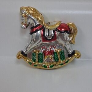 Vintage Plastic Rocking Horse Ornament Silver Gold Red Christmas Holiday Decor